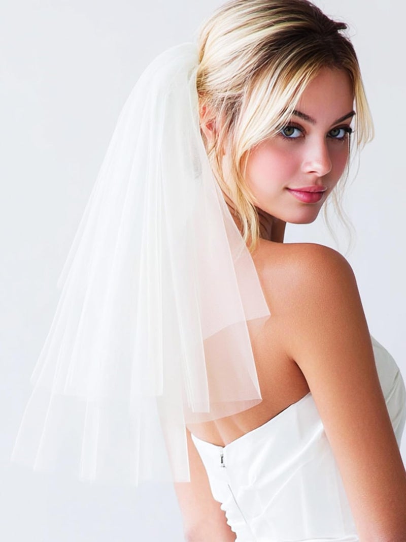 Aukmla Bride Wedding Veil 2 Tiers Short Shoulder Length Bridal Veils with Comb (White) - Image 2